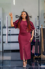 Elegant burgundy midi dress with front slit