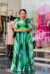 Vibrant tropical green multicolor pleated maxi dress