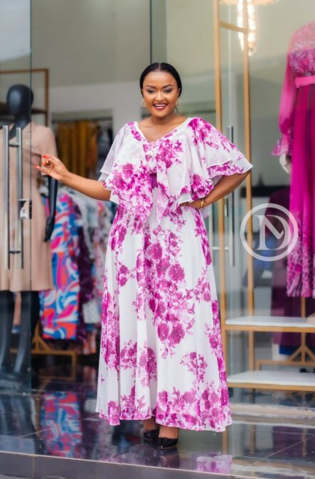 Elegant white and fuchsia floral maxi dress