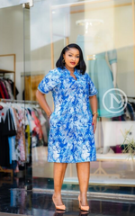 Elegant blue abstract-print shift dress